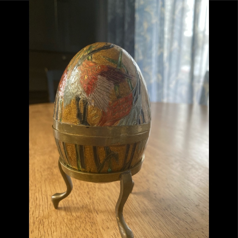 Vintage Brass Cloisonné Enamel Egg with Tripod Stand